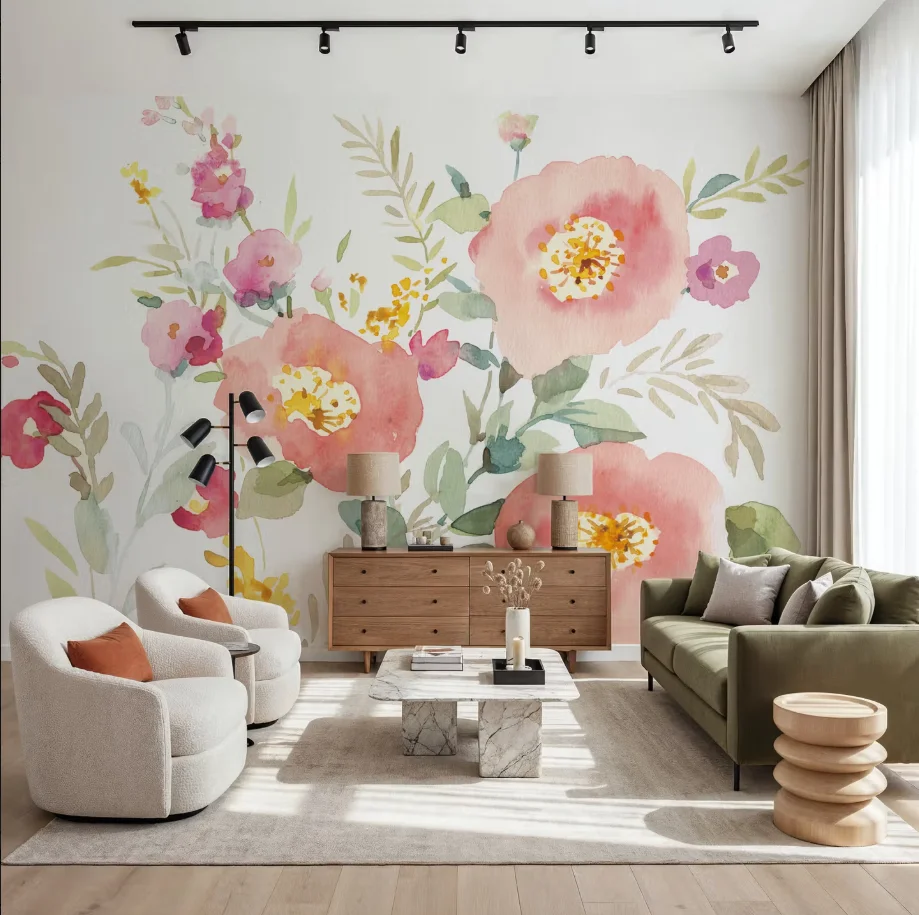 Maßgeschneiderte Tapete, handgemaltes Aquarell mit rosa Blumen und grünen Blättern, Wandgemälde für Wohnzimmer, Schlafzimmer, Dekorationsgemälde