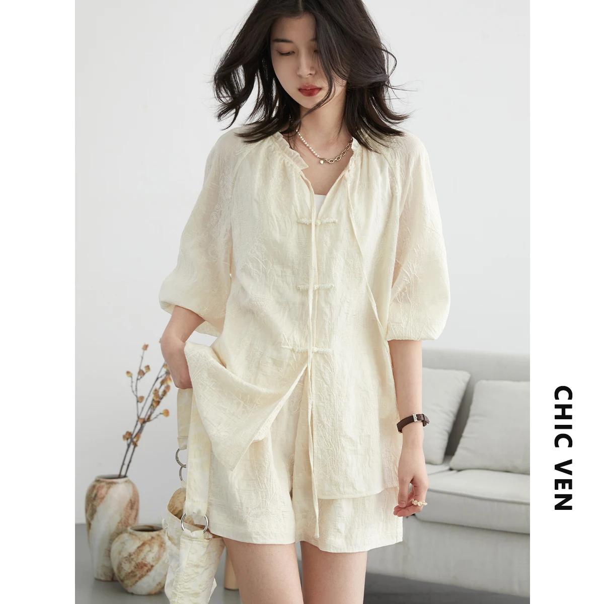 CHIC VEN Women\'s Shirt Loose New Chinese Style Embroidered Shirt Female Blouse High Waisted A Line Shorts Set Summer 2024