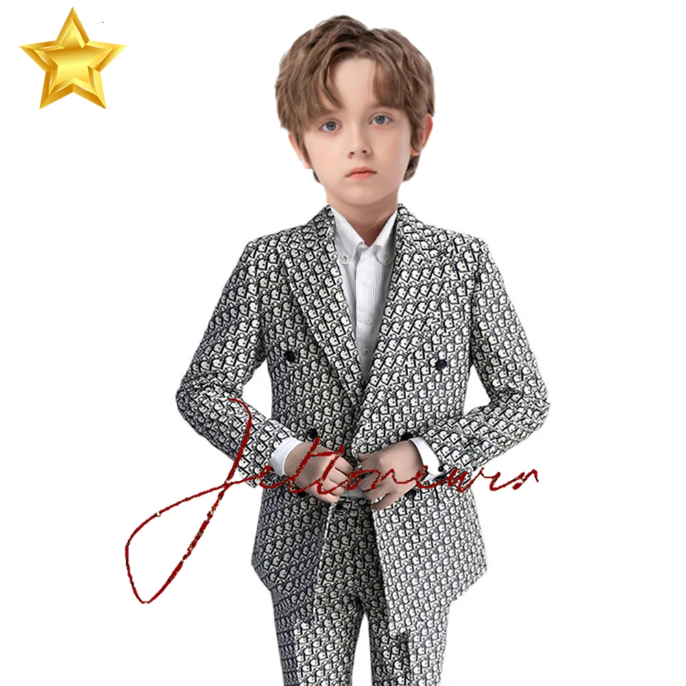 Luxury Suit For Boys Tuxedo For Wedding Double Breasted Child Jacket Pants 2 Piece Formal Kid Party Blazer Set Peaked Lapel