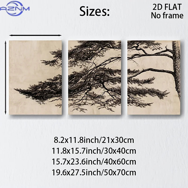 RTEVDSA 3pcs Frameless Vertical Retro Pine Branch Canvas - Black & White Minimalist Oil Paintings, Modern Tree Line Posters Sui