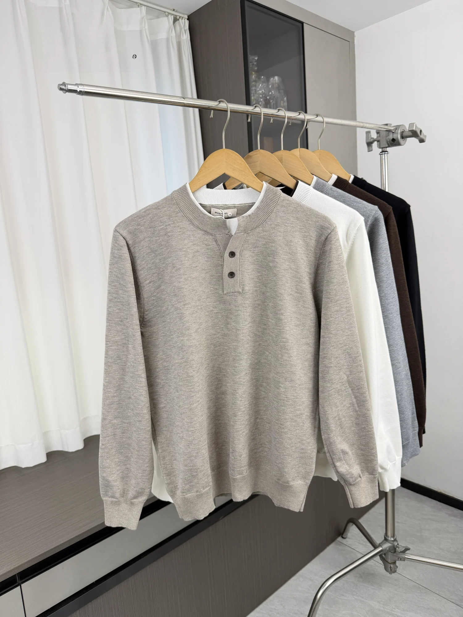 Men's Knitted  Shirt Layering Color Block Henry Collar Long Sleeve Base Shirt Autumn Winter Fashion Dry Fast Loose Fit H