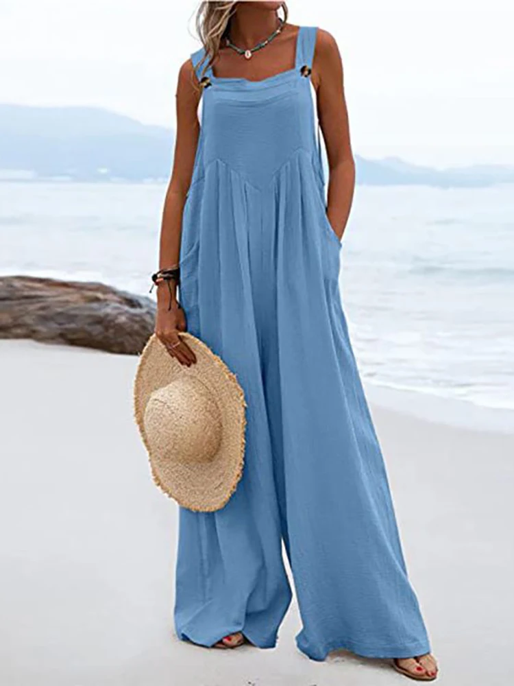 Cotton Linen Jumpsuit Women Spring Solid Elegant One Piece Wide Leg Pants Button Strap Romper Summer Holiday Beach Overalls