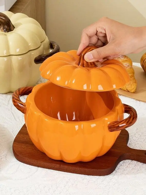 

Large Cerc Pumpkin aped Soup Bowl with Lid Irregular Dual Ears Underglaze Color Dining Utensils Set for Home Use