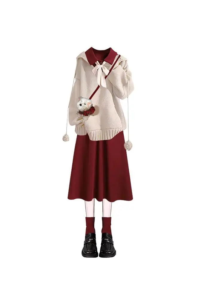 Autumn Winter Set French Elegant Ageing Jumper with Temperament Party Red Long Dress Woman Matching Set - Image 3