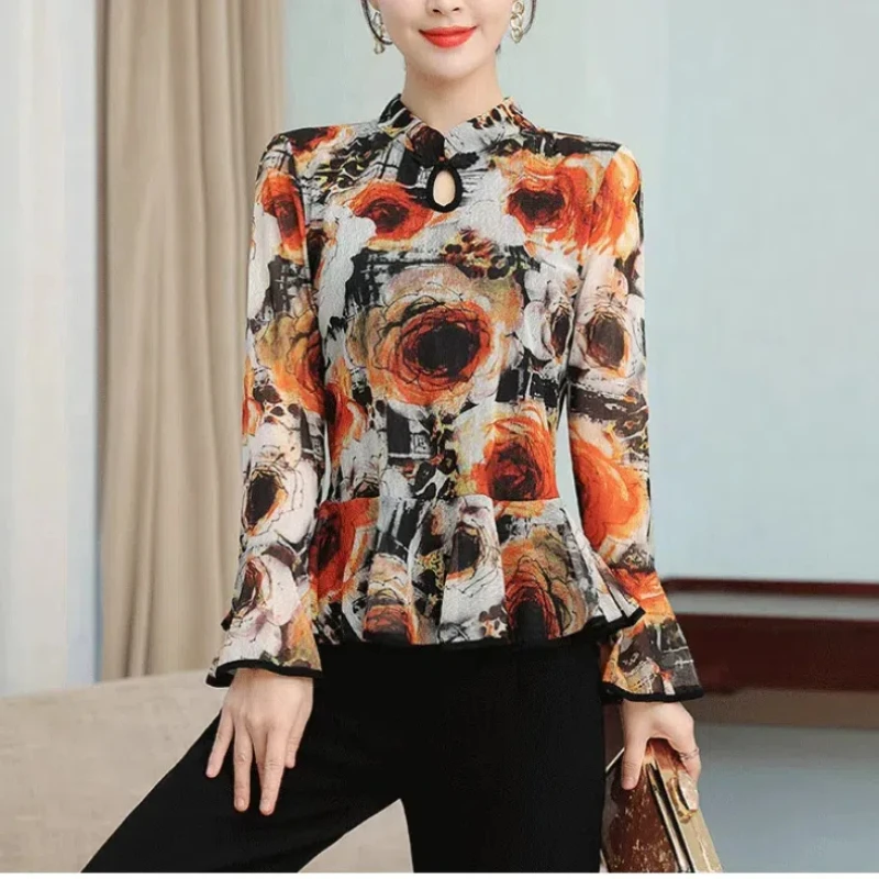 Spring Autumn Women\'s Pullover Round Neck Plant&Flowers Geometric Printing Flare Long Sleeve Chinese Style T-Shirts Casual Tops