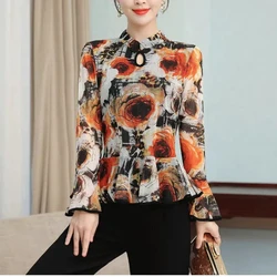 Spring Autumn Women's Pullover Round Neck Plant&Flowers Geometric Printing Flare Long Sleeve Chinese Style T-Shirts Casual Tops