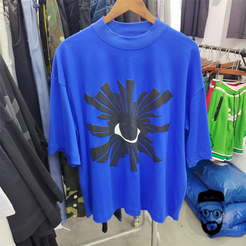 Camiseta de algodón puro azul para hombre y mujer, camiseta informal holgada con estampado de espuma de ojos, casa de errores, 1:1