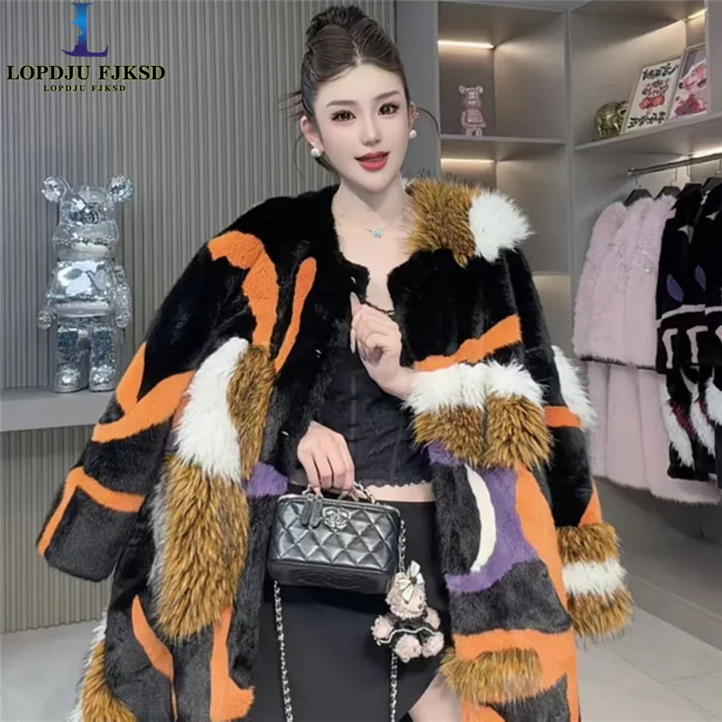 Faux Lamb Fur Coats for Women,Prints Jackets,Spliced Overcoat,Female Clothes,Korean,Thicken Warm,Luxury,New ,Winter