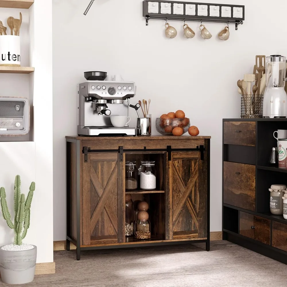 Industrial Buffet Cabinet, Sideboard, Coffee Bar Table with Sliding Barn Doors, Storage Cabinets and Adjustable Shelves f