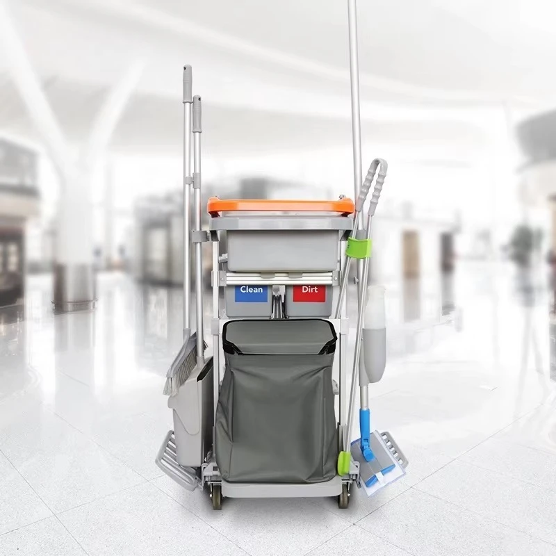 Durable Plastic Por      Multifunction Office Cleaning Cart for Hotels Janitor Bin with Stackable Waste Sorting Recycle Features