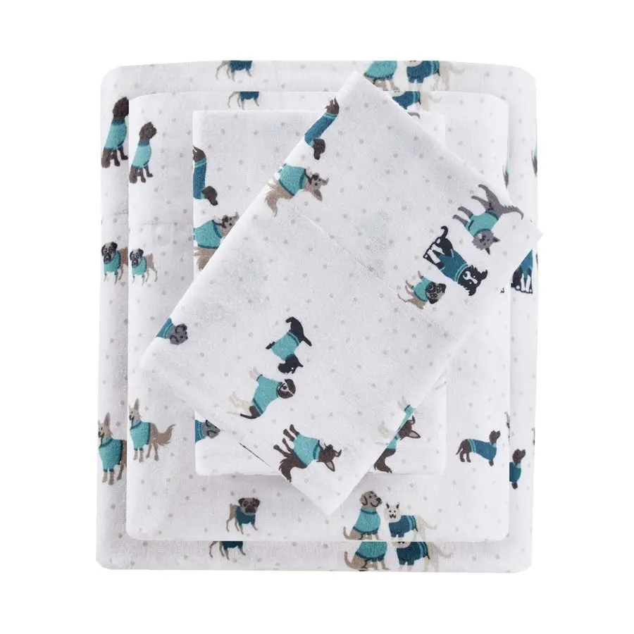 

Cozy Soft 100 Cotton Flannel Print Animals Stars Cute Warm, Ultra Soft Cold Weather Sheet Set Bedding, Twin, Teal Dogs 3 Piece