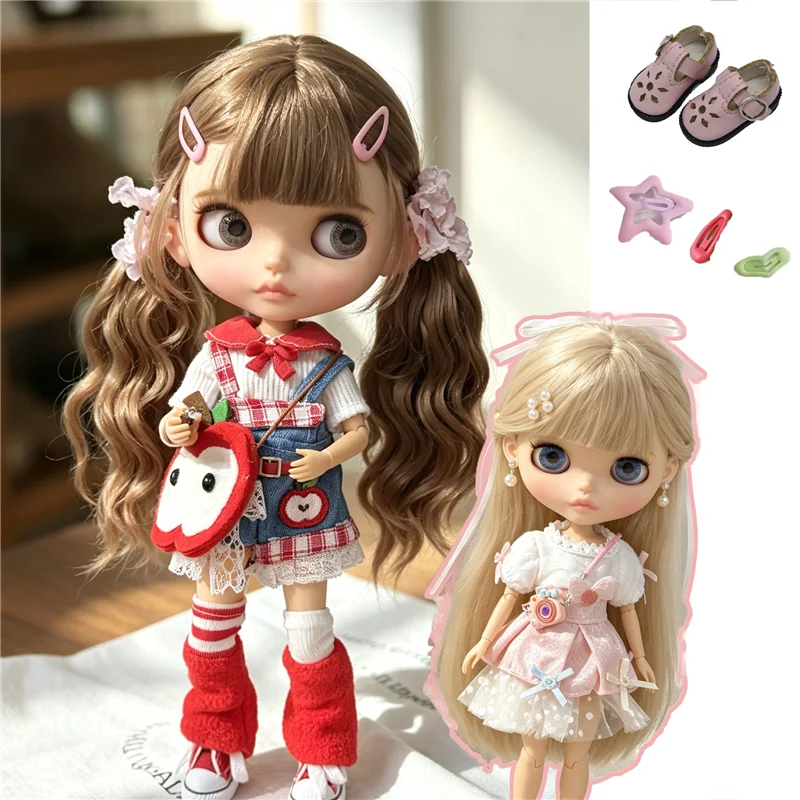 For Blythe Doll Outfit Clothes Cute Pinafore Dress Apple Bag Set Pink Skirt Winter Coat Clothing For OB24 OB22 Small 6/1 Azone