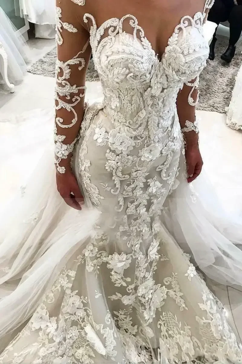 Customized Vintage 3D Flowers Mermaid Wedding Dresses Detachable Train Long Sleeves Lace Appliques Plus Size Bridal Gowns