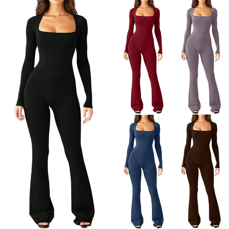 

2024 Women's Long Sleeved Square Neck Tight Waist Wide Leg High Elastic Jumpsuit