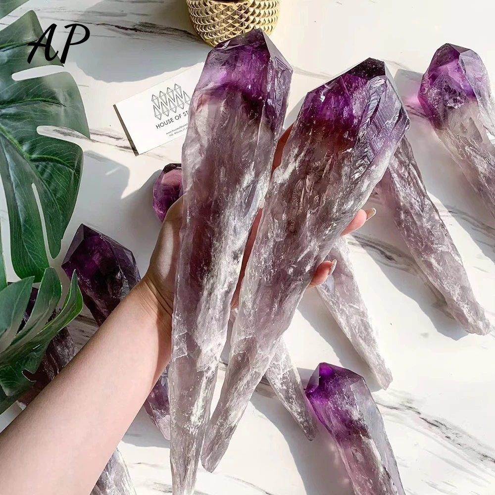 Brazil Natural Amethyst Crystal Rod Point Wand Rough Specimen Scepter Super Power Spirit Healing Gemstone Energy Magic Wand