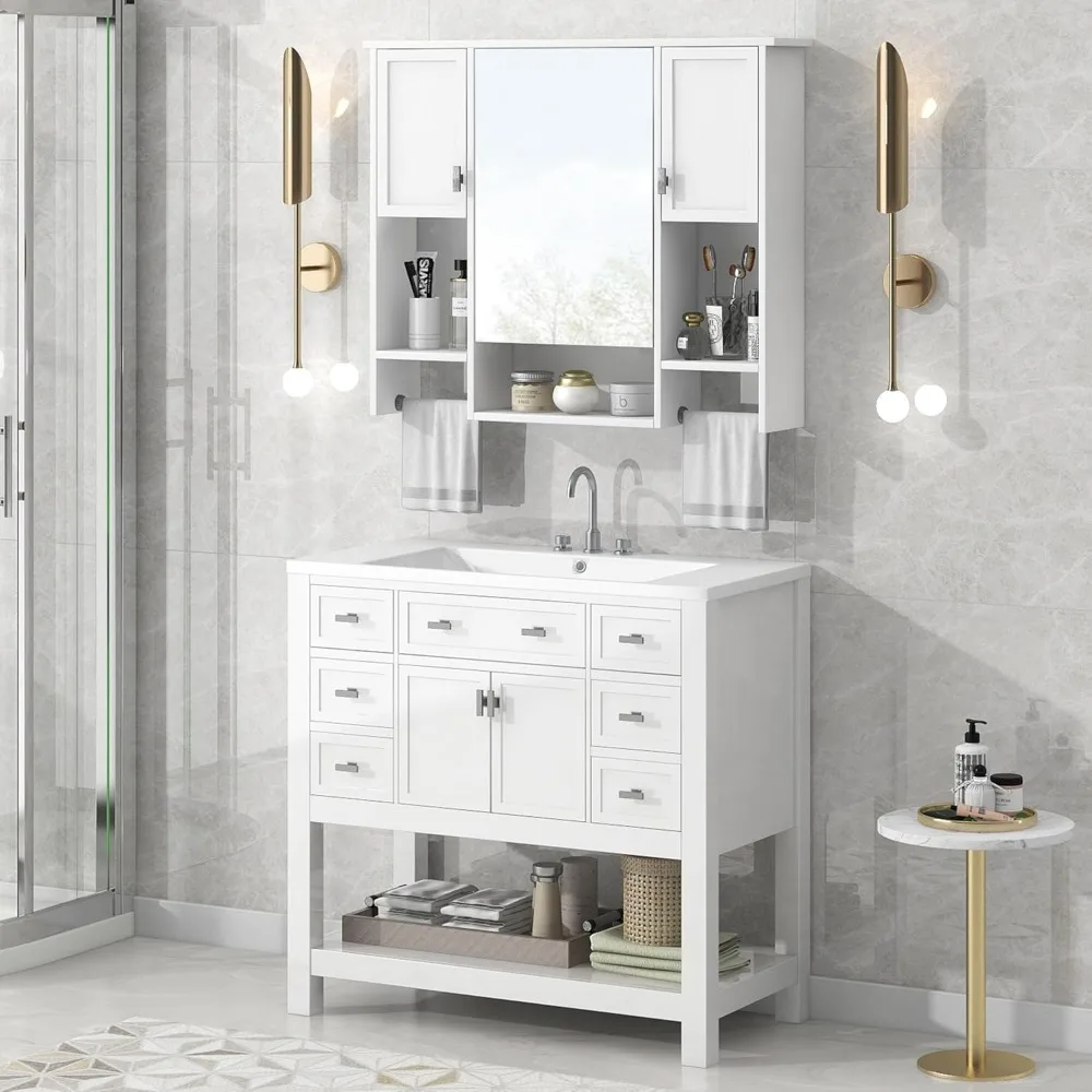 Tocador de lavabo de baño de 36" con combinación de gabinete de medicinas a juego, mueble de lavabo de baño moderno bajo montaje