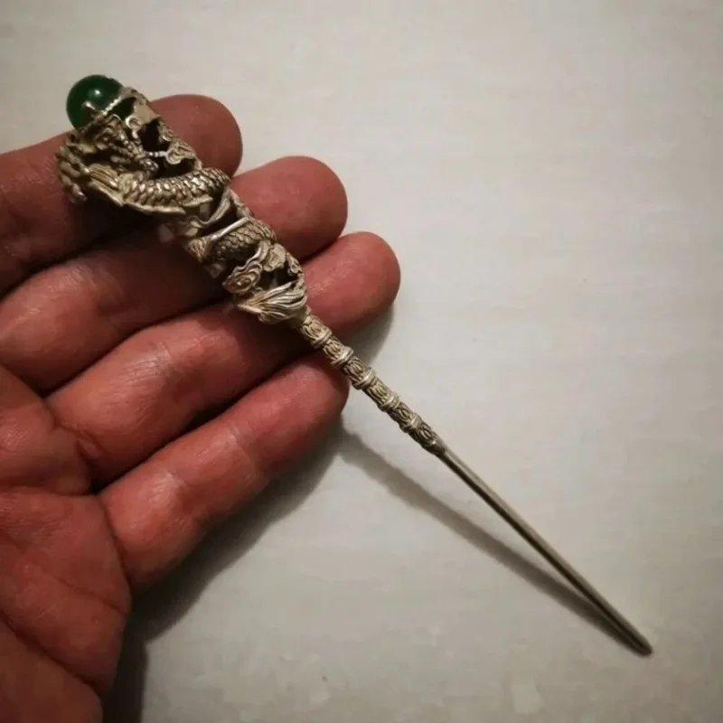 Old Chinese Tibet Silver Inlay Gemstone Handmade Hair Hairpin Statue