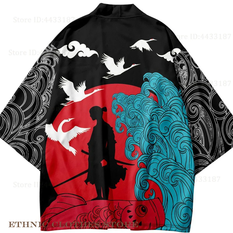 Oversize 3XL 4XL Men Kimono Cardigan Yukata Japanese Samurai Cosplay Costume Harajuku Print Shirt Coat Jacket Summer Beach Haori
