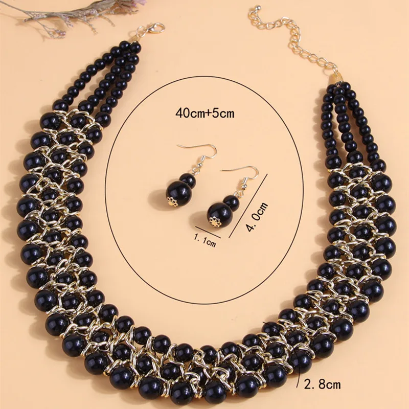 Kymyad Necklace Earrings Jewelry Set For Women Multilayer Black Beads Women Necklace Handmade Jewelry Set Ladies Accessories