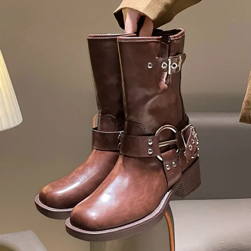 

Women's Boots Fashion Belt Buckle Design Ladies Boots High Quality Mid-calf Leather Boot Women Knight Boots Casual Platform Boot