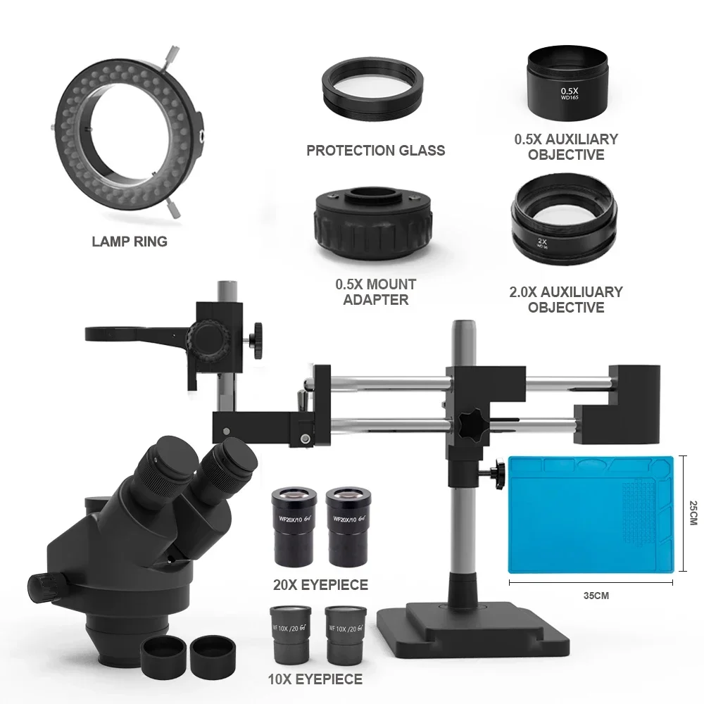 Double Arm Boom 3.5-180X Stand Synchronous Focus Continuous Zoom Trinocular Stereo Microscope Jewelry for Repair