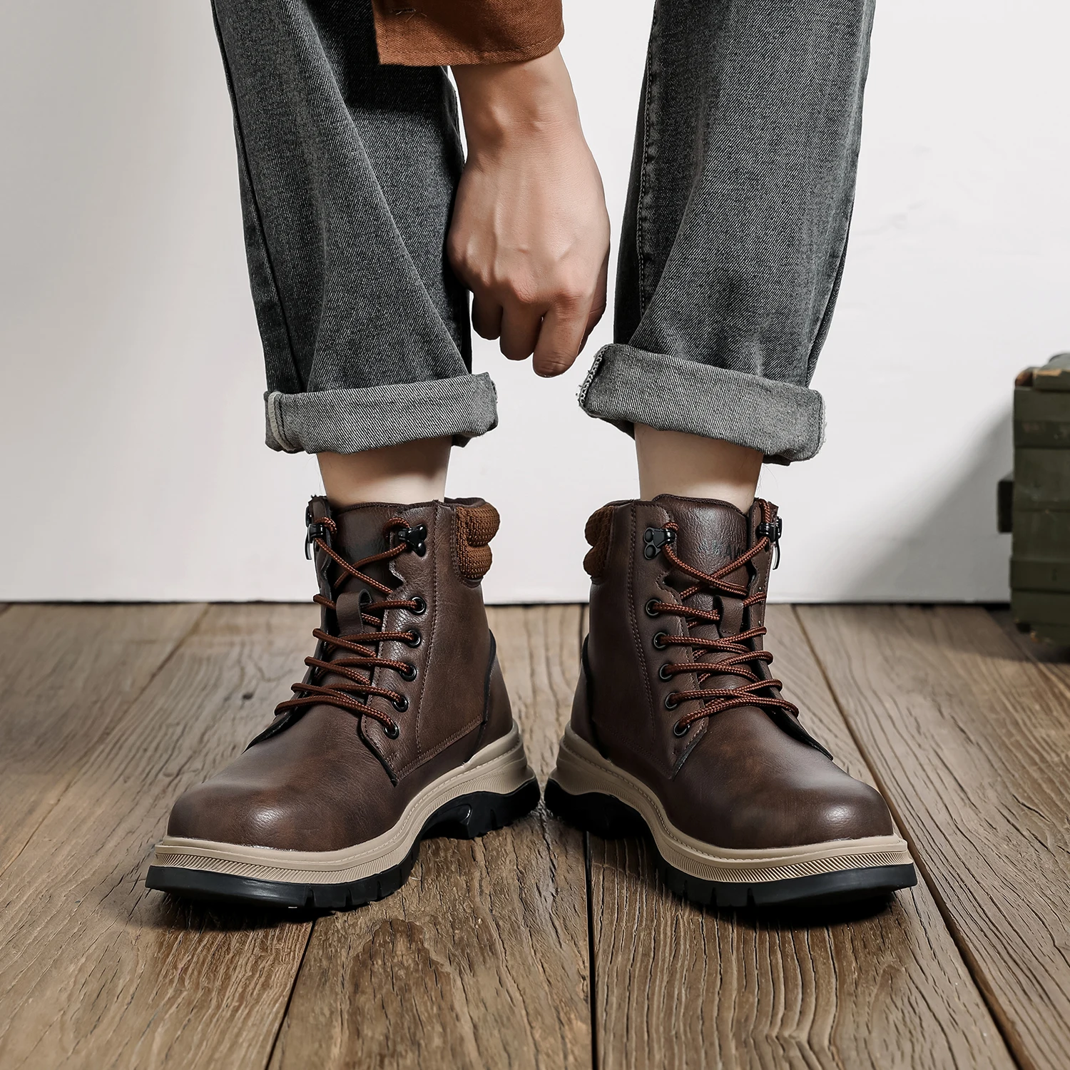 Brown Leather Waterproof Work Shoes Steel Toe Men Work Safety Shoes Zipper's Construction Shoes Outdoor Work Footwear