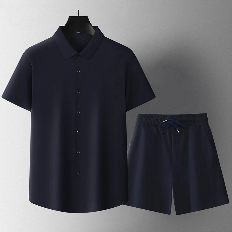 

New Summer Set Men's Polo Polo Collar Shirt Fashionable Breathable Business Button Short Sleeve+Shorts Two Piece Set Solid Color