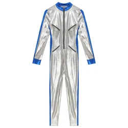 Mens Astronaut Pilot Cosplay Costumes Long Sleeve Silver Unitard Jumpsuit Metallic Shiny Space Rompers Catsuit Halloween Party