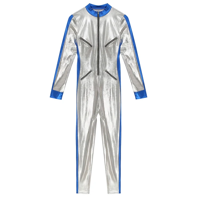Męskie stroje astronauty pilota do cosplayu, kombinezon z długim rękawem, srebrny unitard, metaliczny błyszczący strój kosmiczny, kombinezon na Halloween.