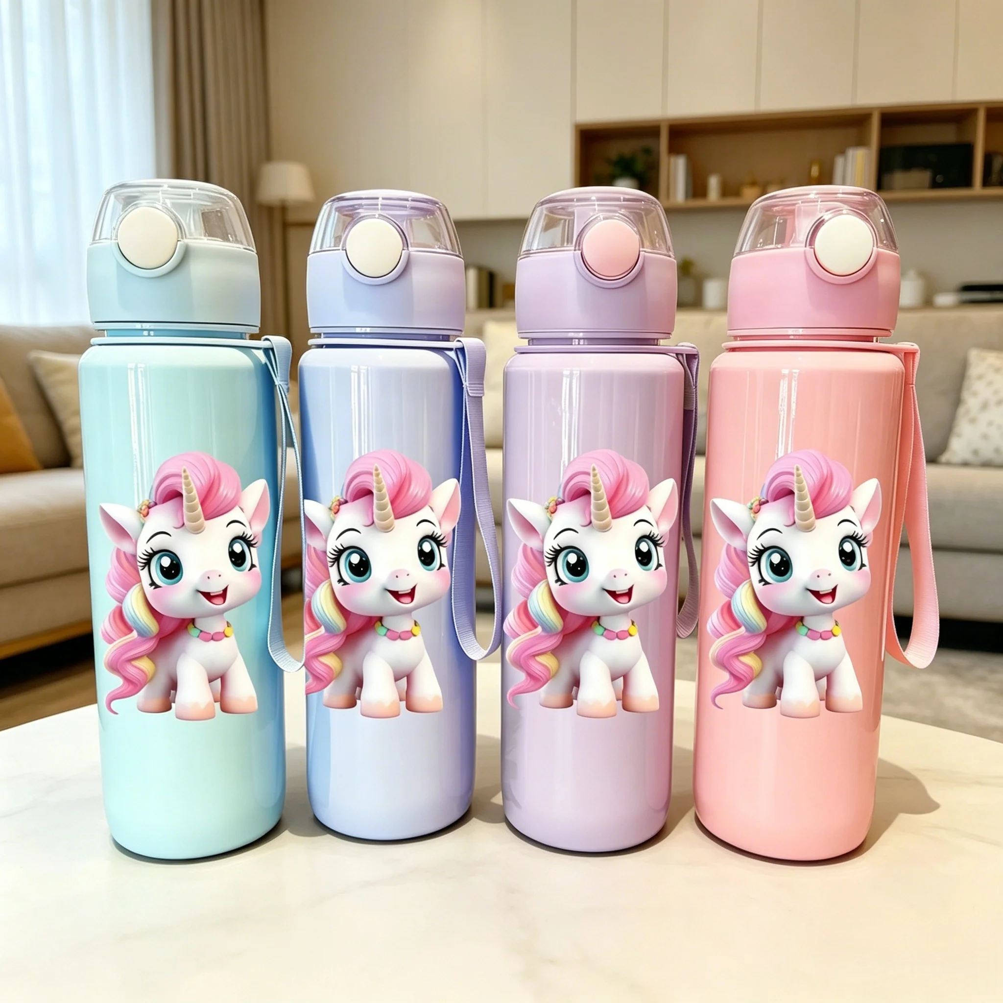 Image of 700ML Cartoon-Einhorn-Wasserflasche, Farbbeständiger Leichtgewichtiger Auslaufsicherer Wiederverwendbarer Becher, Stilvoll für Sport, Fitness, Arbeit, Studium