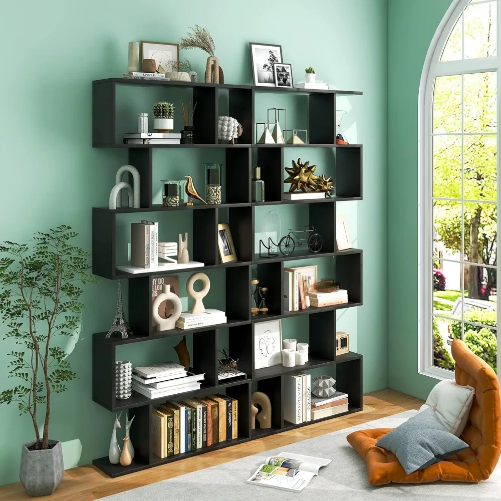 6-Tier Geometric Bookcase, Modern S-Shaped Storage Display Bookshelf for Living Room, Anti-Toppling Device, Home Office