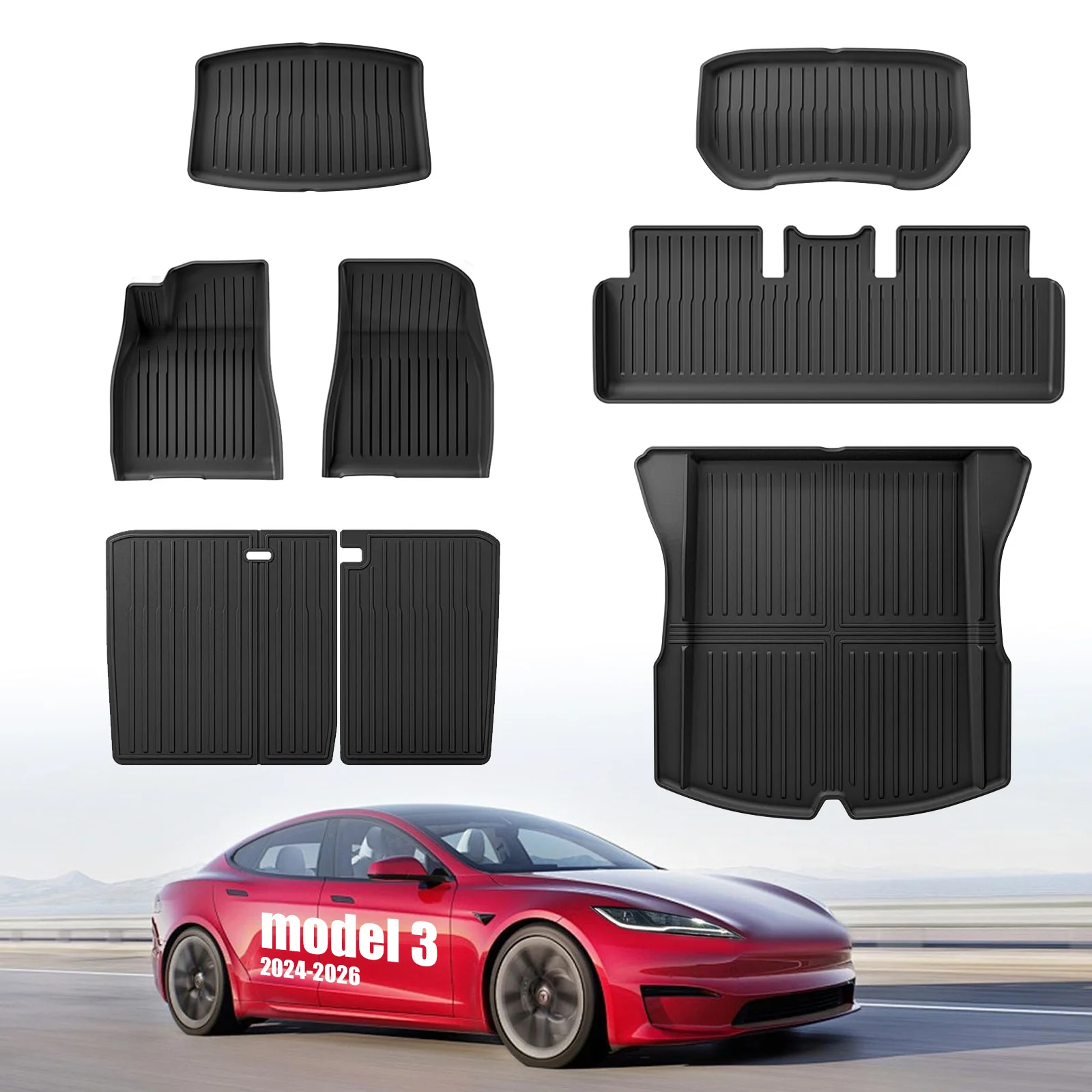 For Tesla Model 3 Highland 2024‑2026 7PCS TPE All‑Weather Floor Mats, Custom Fit Waterproof Anti‑Slip Odorless Car Interior Acce