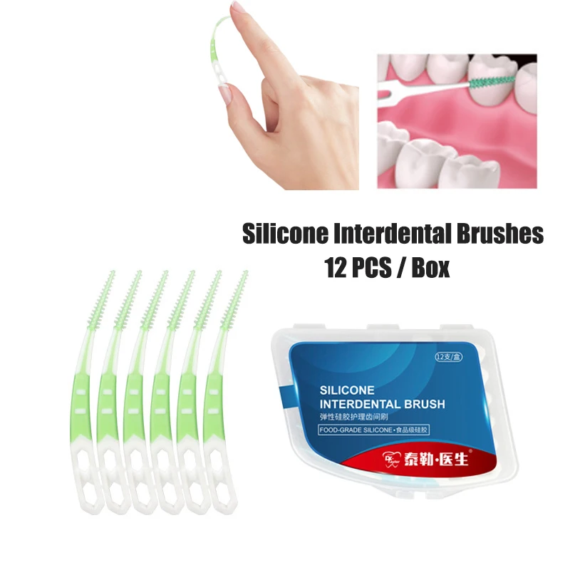 Interdental Silicone Toothpicks com Rosca, Escovas entre Dentes, Ferramentas De Limpeza Oral, 12Pcs por Caixa