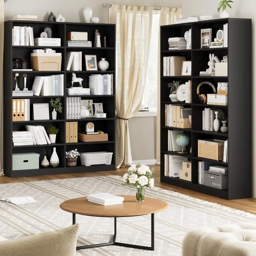 Bookshelf and Bookcase, 6-Tier Double Wide Bookshelves, Freestanding Display Storage Shelves, Tall Bookcases for Home  Bedroom