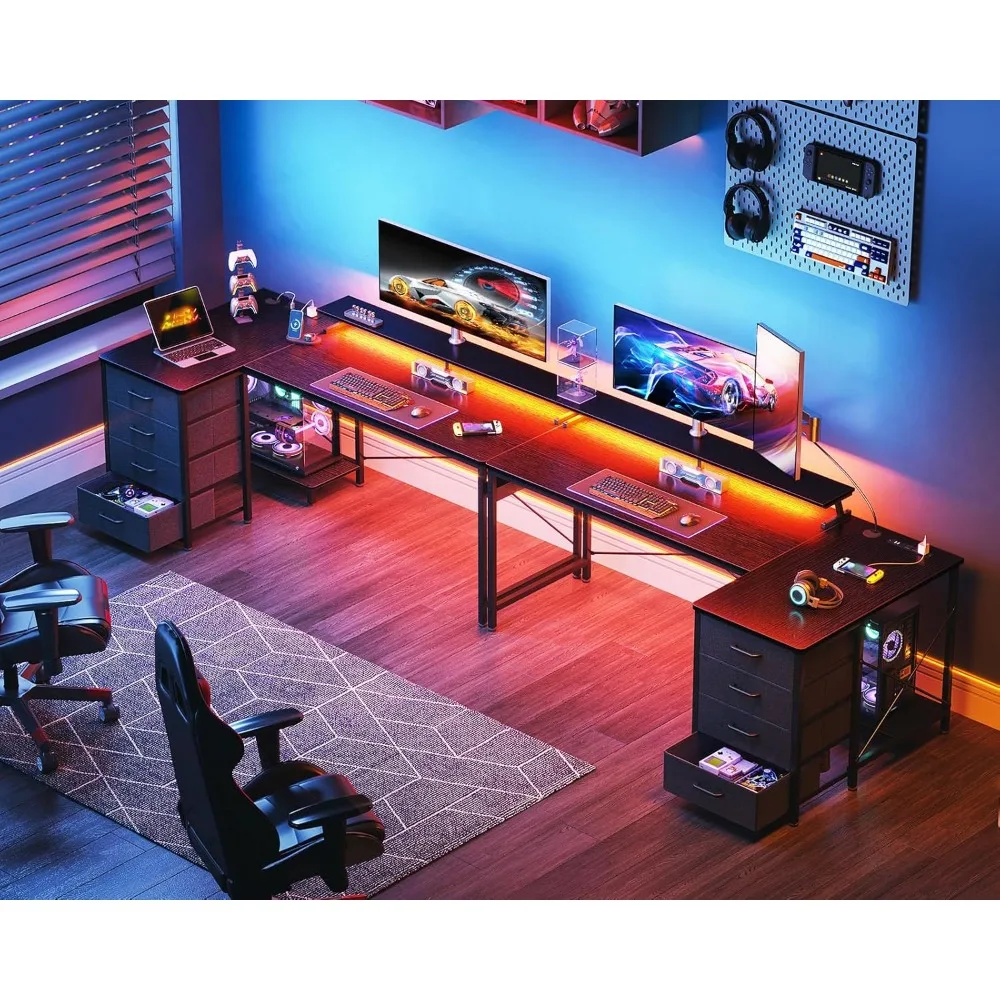 

55" L Shaped Gaming Table with LED Light and USB Power Outlet, 4 Drawers, with CPU Rack and Monitor Stand, Black