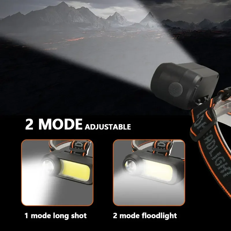 Super Bright COB LED Headlamp Long Range USB Rechargeable Headlight Use 18650 Battery Waterproof Head Lamp Portable Head Light