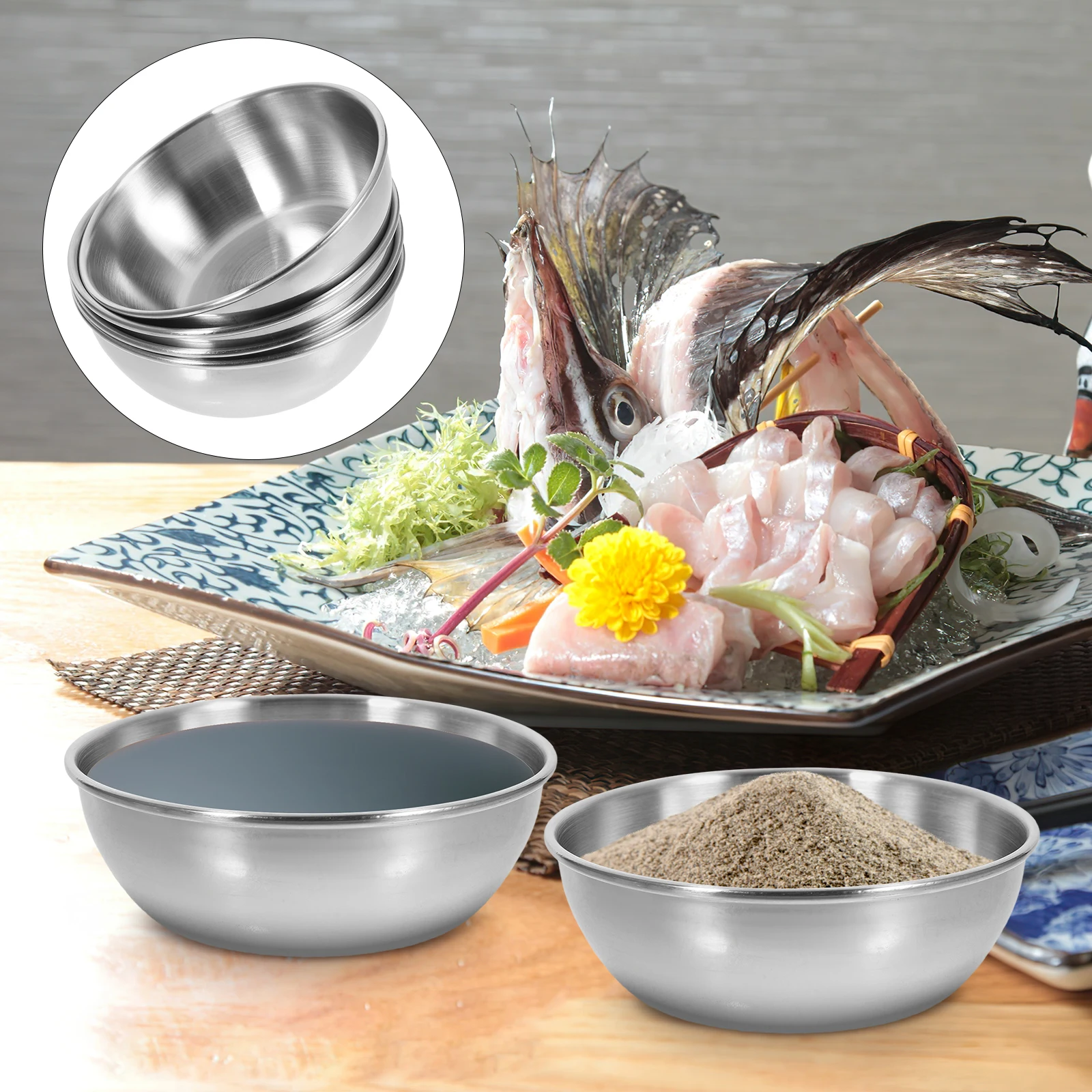 

4pcs Stainless Steel Saucer Dishes for Food Sauce Condiments Serving Tray Shallow Wide Mixing Home Restaurants Catering Halls