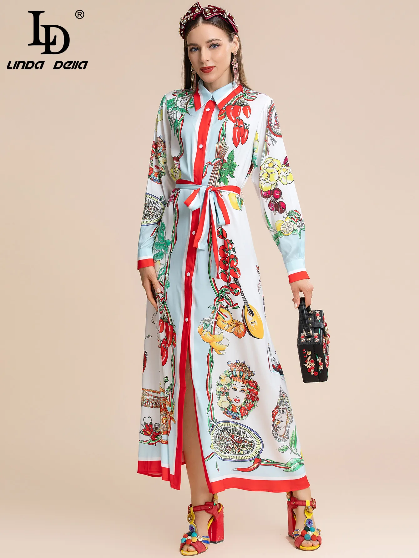 LD LINDA DELLA 2022Autumn Loose Vacation Dress Women Long sleeve Single-breasted Belted Fruit Vegetable Print Vintage Long Dress