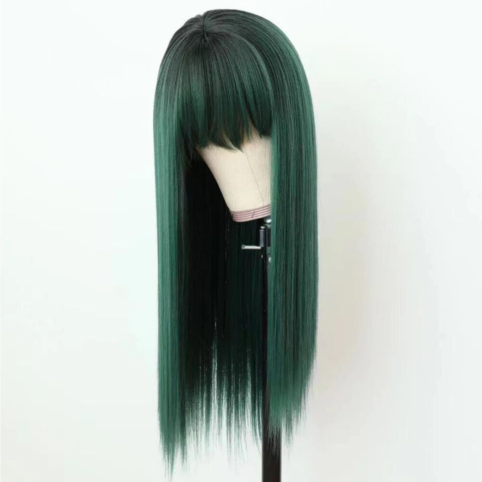 US Long Straight Synthetic Fiber Hair for Women, Ombre Green Wigs, Full Neat Bangs, Party