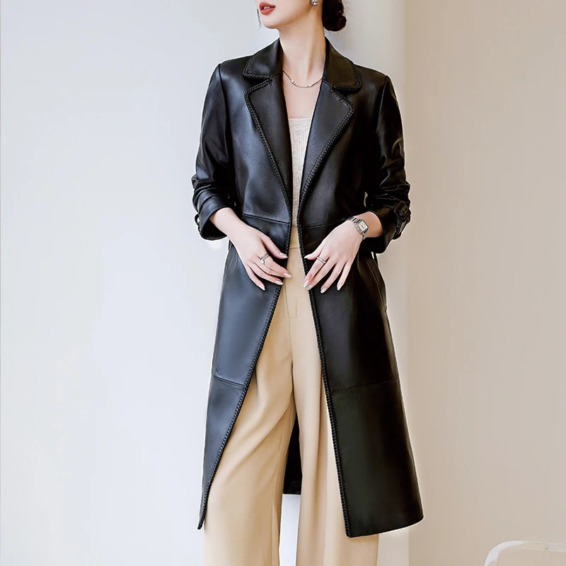 M-3XL Trench in pelle di pecora di livello A da donna alla moda caffè 2025 Autunno Nuovo Trench lungo con lacci Blet da donna in vera pelle