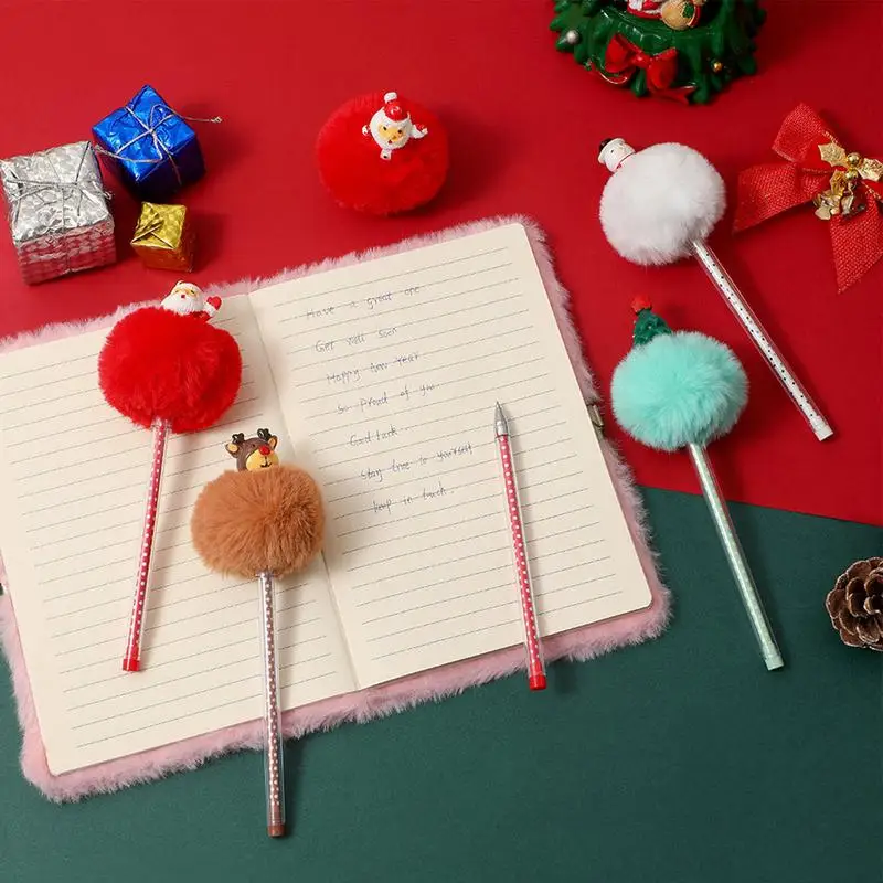 Cute Christmas Pens Multicolor Cartoon Pompom Gel Ink Pens Christmas Tree Snowman Reindeer Santa Claus Cute Novelty Ballpoint