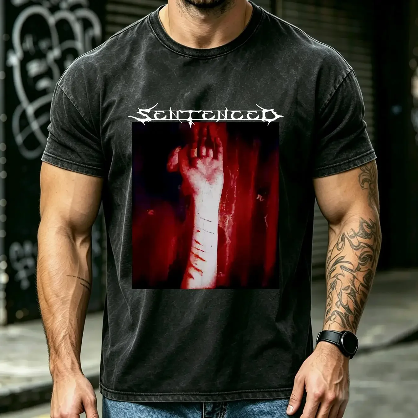 washed T Shirt Reprinted 90s SENTENCED Band Metal The Suicider TE4188 vintage Washed Stretched Soft Casual Slightly Breathable