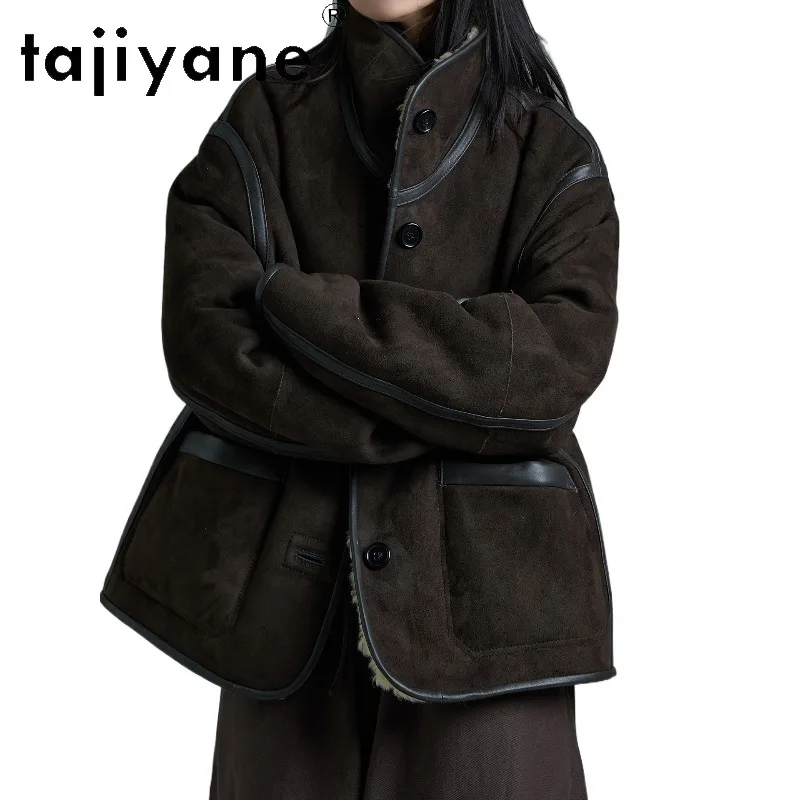 TAJIYANE Winter Double-sided Merino Sheep Shearling Real Fur Coat Woman Suede Leather Outerwear Short Fur Jacket Thicken Шуба