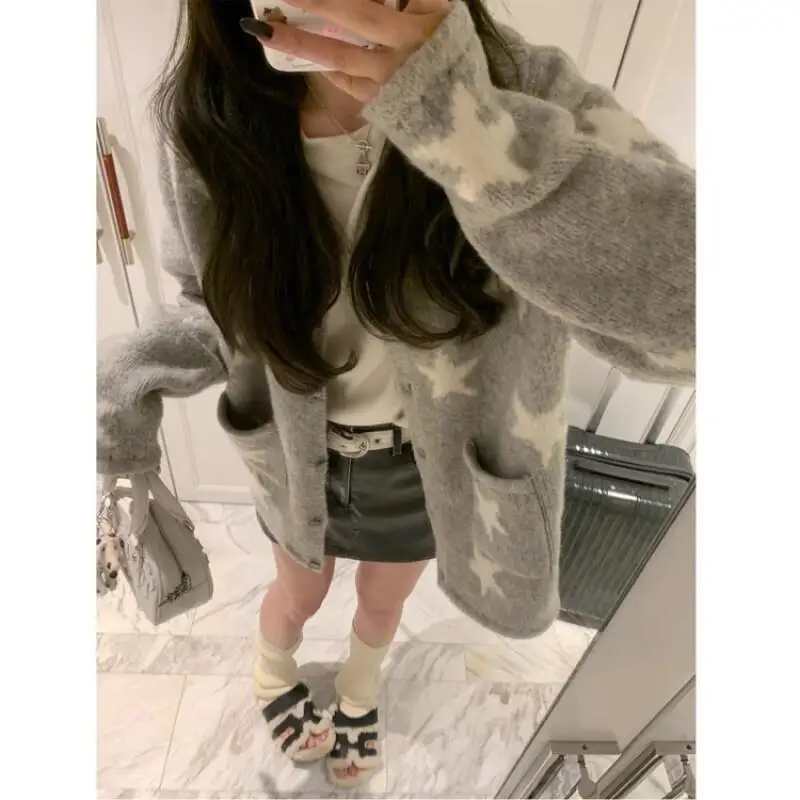 

Girl Knitwear Women's Sweaters Korean Style Lapel Grey Knit Cardigan Women Early Spring New Design Lazy Loose Sweater Coat Tops