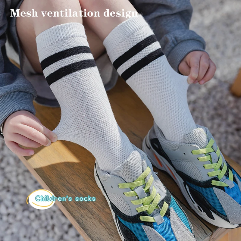 Student Sport Socks Summer Striped Mesh Breathable Mid-tube Socks Soft Solid Color Cotton Children Socks