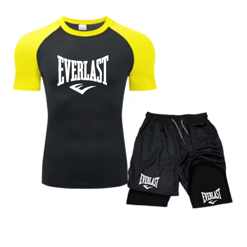 EVERLAST Men\'s Compress Shirt + 2-in-1 sports shorts 2pcs Set Leisure Breath Short Sleeve Sport Jogging Gym Brand Print Clothing