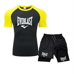 EVERLAST Men's Compress Shirt + 2-in-1 sports shorts 2pcs Set Leisure Breath Short Sleeve Sport Jogging Gym Brand Print Clothing