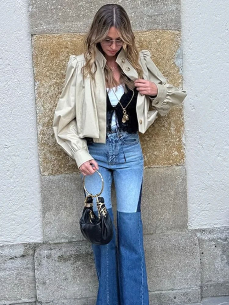 Casual Short Jackets Women Lantern Sleeve Loose Stand Collar Single Breasted Solid Coats 2025 Autumn Chic Street Outwears Lady