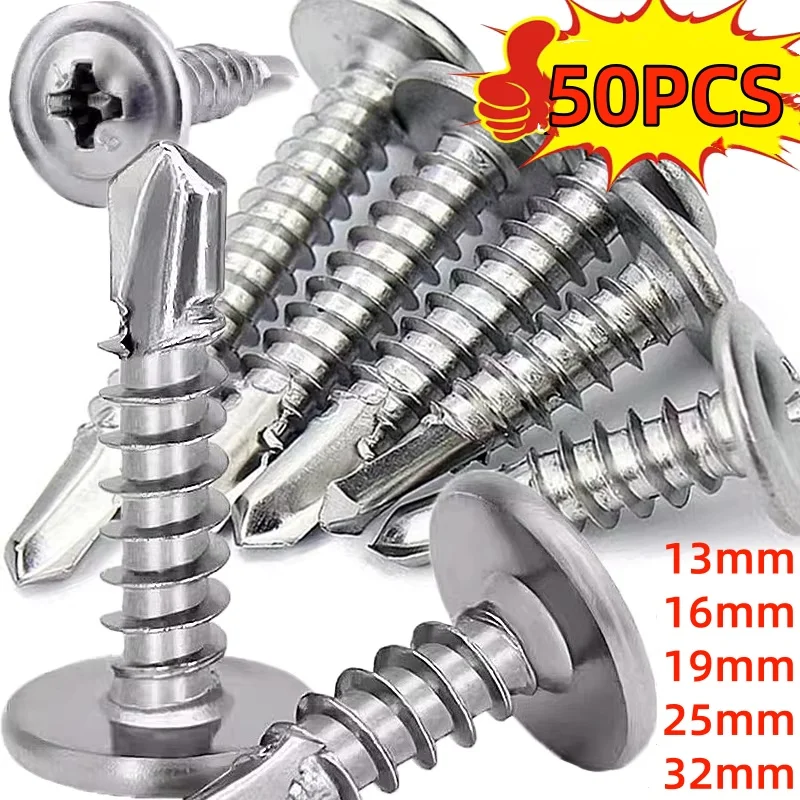 #8 M4.2 50Pcs SUS410 Stainless Washer Screws Self-tapping Flat Head Screw Fastener High-Strength Quick Self-Drilling Hardware