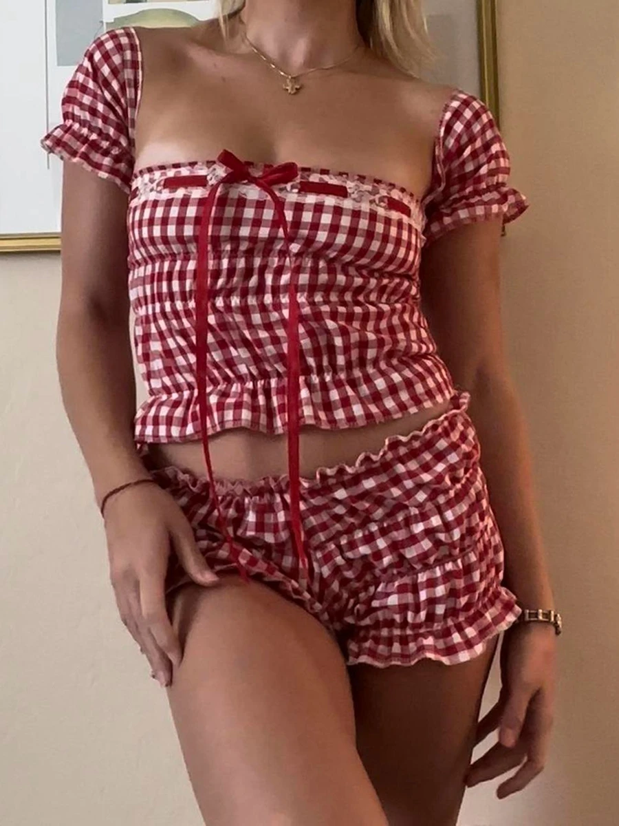 

Women Summer Shorts Outfits Plaid Lace Trim Tie-Up Square Neck Short Sleeve Tops Shorts 2 Pieces Clothes Set Pajamas Loungewear